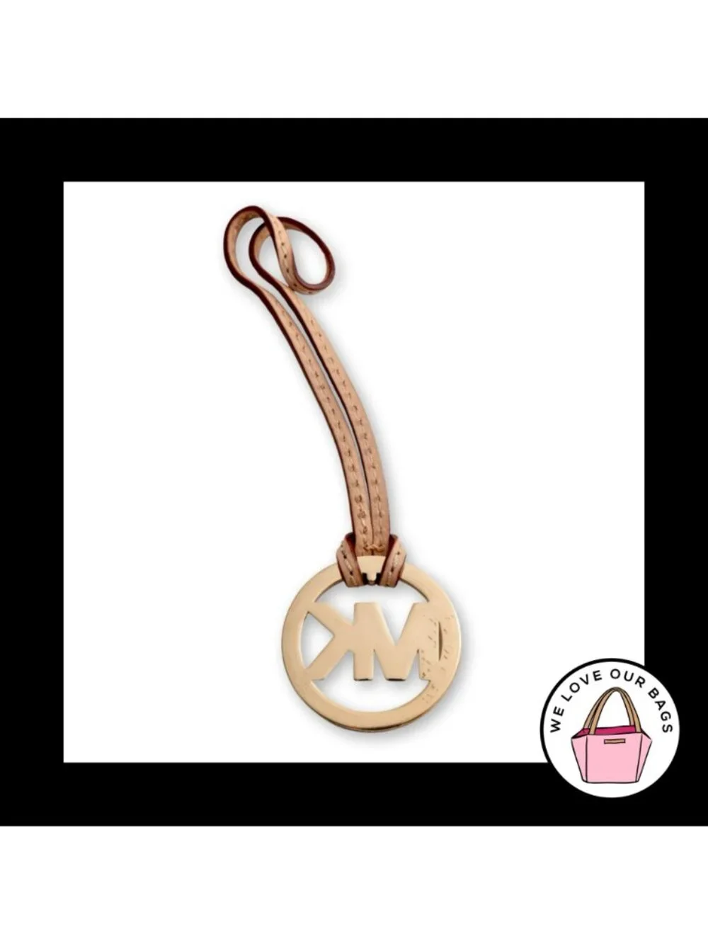 MICHAEL KORS Gold Brass Tan Nude Leather Strap Bag Charm Hang Tag Keychain Fob